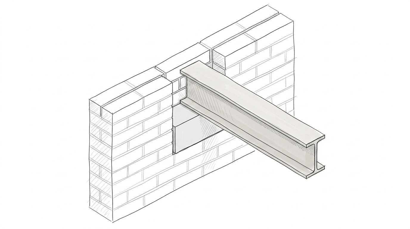 Sketch showing works to a shared party wall such as inserting a steel beam.