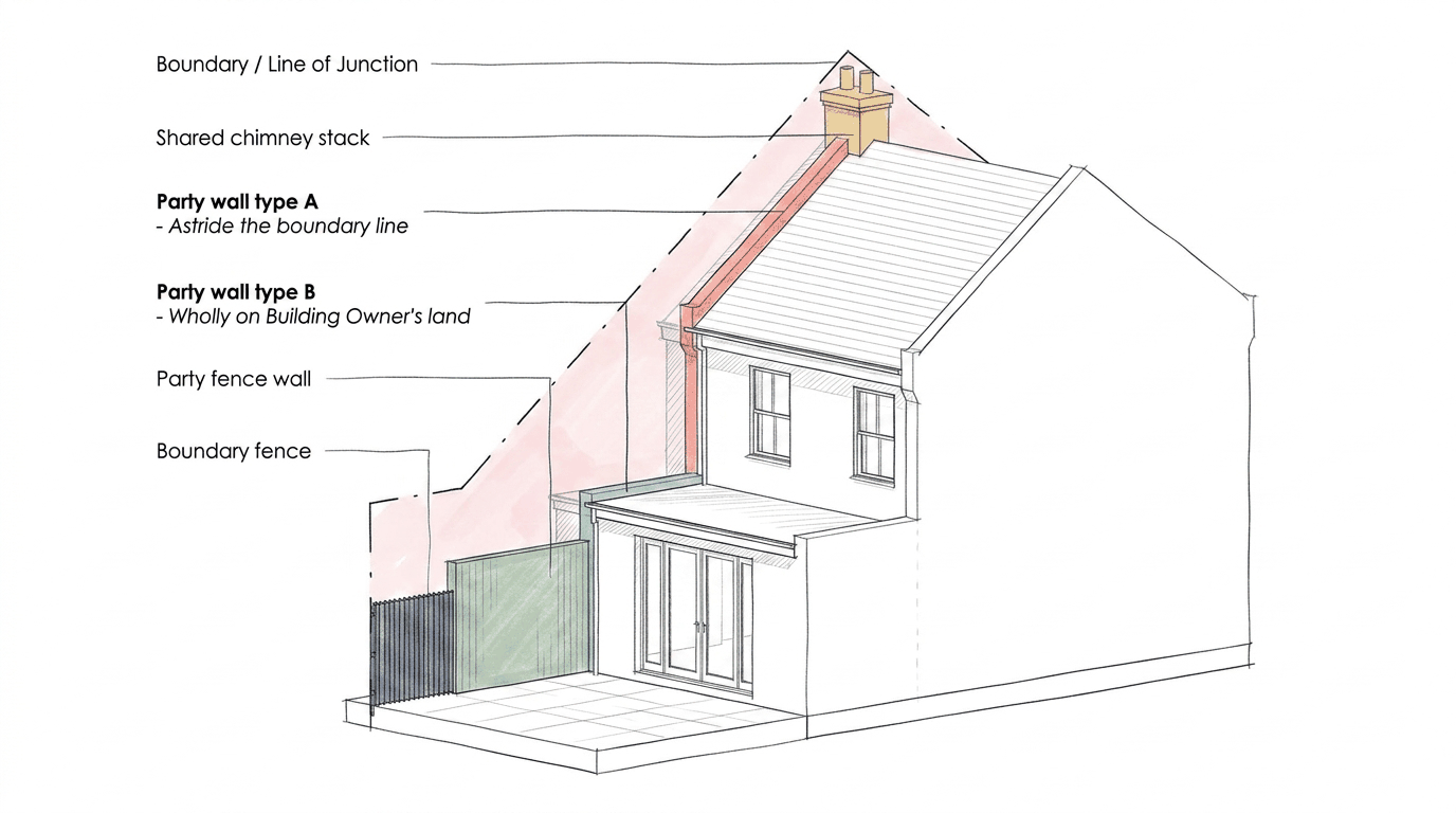 Sketch showing party wall types A and B with line of junction, shared chimney stack, party fence wall and boundary fence labelled.