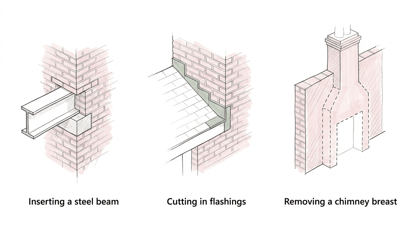 Sketch illustrating works to a shared party wall, such as inserting a beam, cutting roof flashings, or removing a chimney breast.