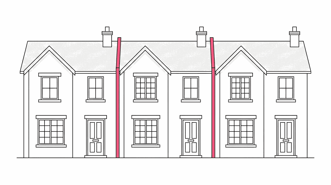 Sketch of a typical terraced house showing the party walls shared with neighbouring properties on either side.