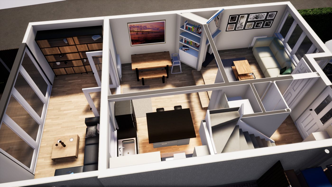 3D cutaway model of a proposed house showing furnished rooms