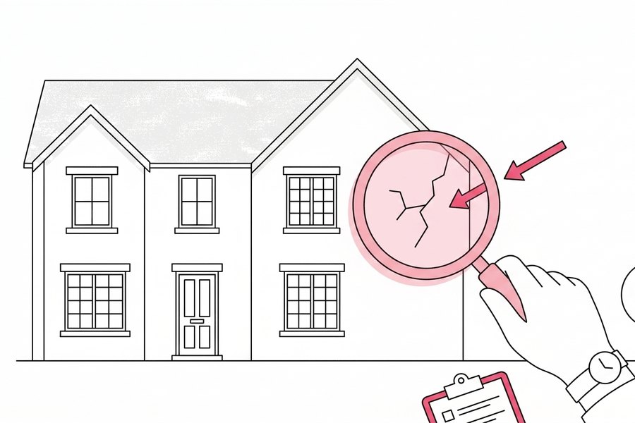 Line drawing of a house with a magnifying glass over a crack in the wall and a surveyor’s clipboard