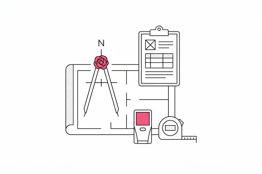 Line drawing of a drawing board with compasses, a north point, a clipboard, laser measure and tape