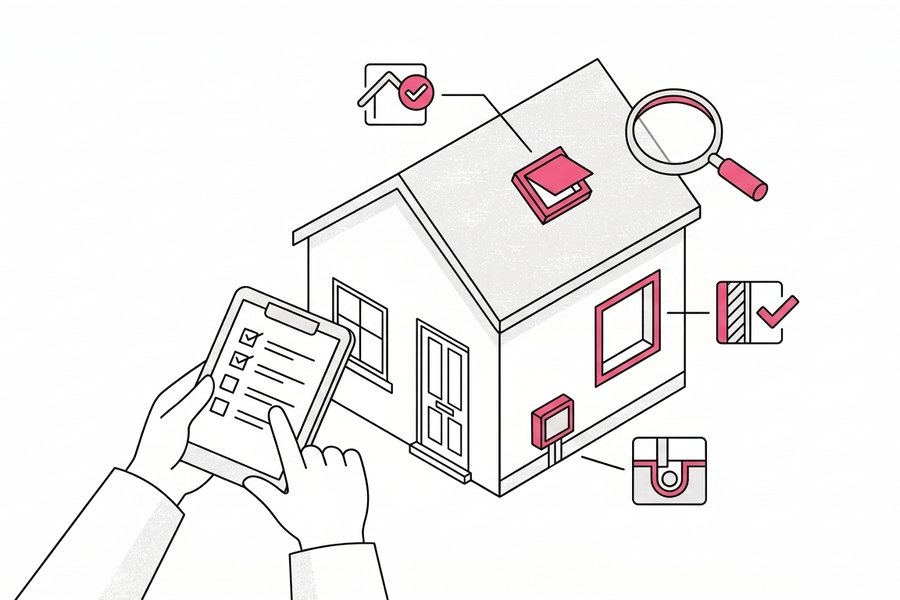 Line drawing of a house with roof, window and boiler items being ticked off on a tablet checklist